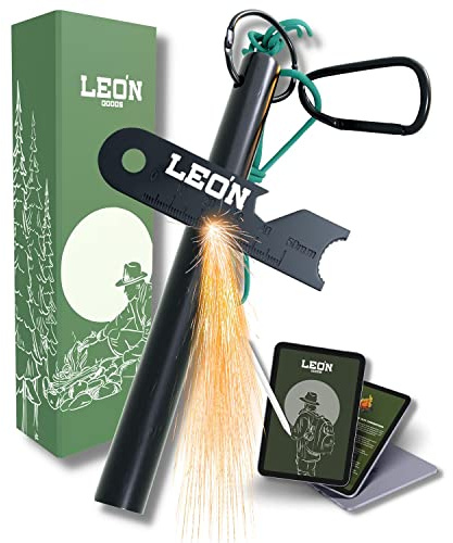 LEÓN Goods® : Feuerstahl + E-Book. Feuerstein Für Bushcraft & Outdoor - Survival Feuerzeug. Feuerstahl Outdoor aus Magnesium. Dein ewiges Streichholz mit Multitool. (XL)