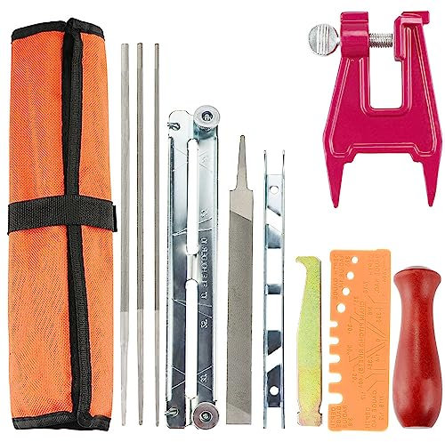 Affuteuse de Tronçonneuse Kit d'affûtage de chaîne de tronçonneuse, avec Lames Rondes, Lime Plate, Souche de Tronçonneuse, Poignées en Bois, Jauge de Profondeur, Nettoyeur de Rainure et autres