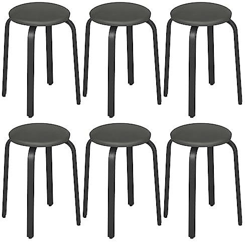 Lestarain 6er-Set Hocker stapelbar, Esszimmerhocker, Küchenhocker, Bürohocker mit Kunstlederbezug, Sitzhocker rund, Polsterhocker für Esszimmer Wohnzimmer, grau-schwarz, LCNI116001-6