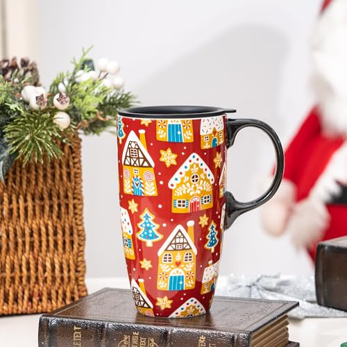 DUSVALLY Christmas Coffee Mug Coffee Ceramic Cups Latte Tea Mug with Lid and Gift Box 17oz.,Gingerbread House