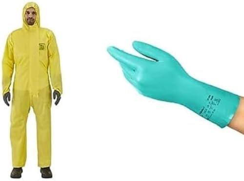 Ansell AlphaTec 2300 Model 132, Disposable Work Overall with Hood, Yellow, (1 piece) + AlphaTec 37-300 Multipurpose Nitrile Gloves, Chemical Protection and Food Safety,Green, Size XL (12 Pairs)