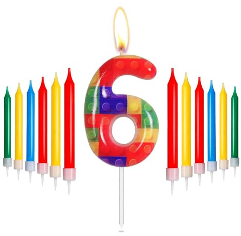 mciskin Candele di Compleanno con Mattoncini, Candele per Torta Numero 6 Rosse, Gialle, Verdi, Blu, Candele per Feste Pixel, Candele per Torta di Compleanno a Tema Mattoncini per Ragazzi Ragazze Décor