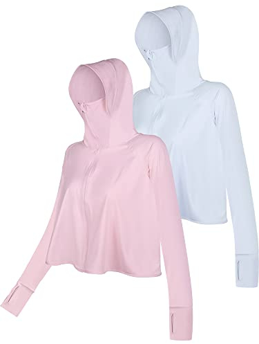 Hercicy 2 Pcs Women's Sun Protection Jacket Hoodie with Mask UV Lightweight Full Zipper Long Sleeve Clothing Shirt Outdoor(Large,Blue, Pink)