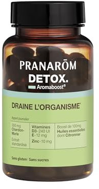 Pranarôm - Aromaboost Detox - Complément Alimentaire - Elimination des Toxines - Chardon Marie et Zinc - Vitamines D3 et E - Huile Essentielle Citronnier - 60 Capsules