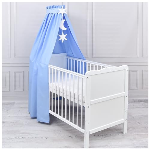 Generisch Baby Delux Babybett Himmel Betthimmel Baumwolle Baldachin für Babybett Kinderbett Wiege Stubenwagen Himmelstange Sterne Mond Applikationen Deko (Blau, ohne Himmelstange)