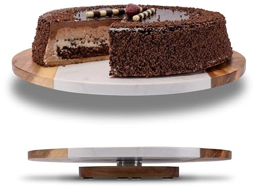 Fino Casa Piatto girevole in marmo con legno di acacia, rotondo, piatto da cucina, organizer per formaggi, piatto da portata con piede, piatto girevole in legno, vassoio decorativo da tavolo