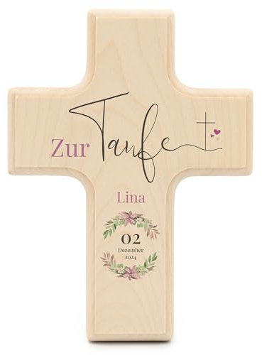 Taufkreuz personalisiert mit Namen zur Taufe aus Holz - 19x14cm - Taufgeschenke für Mädchen - Geschenkideen zur Taufe - Kinderzimmer Deko Mädchen - Holzkreuz kinder - UV-Druck - Kranz - rosa