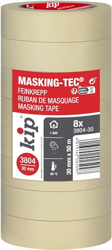 Kip 3804 Masking Tec Feinkrepp im 8er Pack - Malerkrepp 30mm x 50m – Kreppband für Malerarbeiten und Dekoration – Abklebeband für Malervlies, Streichen, Lackieren & Abdeckfolie – natur