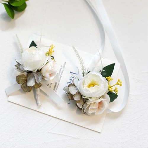 2 Pcs Rose Wedding Boutonniere/Wrist Flower, Corsage Buttonhole with Pin