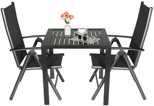 3 delar Aluminium Trädgårdsmöbelset, balkongmöbelset med metall fyrkantigt bord och 2 justerbara fällbara stolar, sittgrupp trädgårdsset, väderbeständiga möbler för balkong/terrass/trädgård, svart