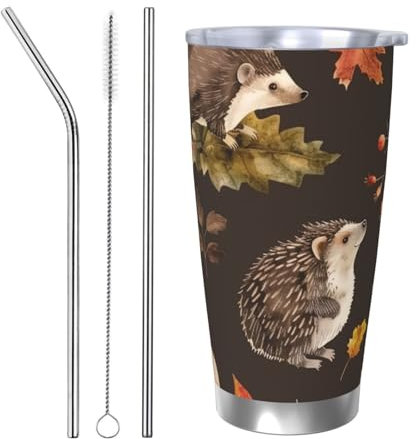 Mexpekil Isolierter Reisebecher, Eiskaffeetasse, Reisebecher, Edelstahl, Smoothie-Tasse, Auto-Kaffeetasse, Herbstblatt, Igel, Kürbis, Becher mit Strohhalm und Deckel, 590 ml