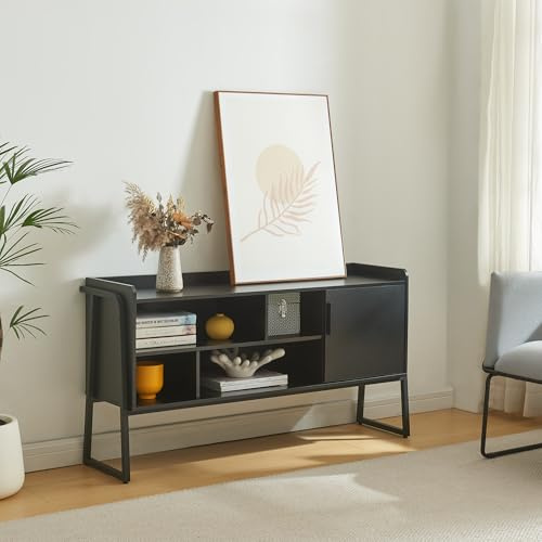 [en.casa] Mobile TV Tavolino Porta TV Mobile Basso con Scomparti Aperti e Vano Chiuso con Anta Stand TV e Centri Multimediali 120 x 34 x 63 cm Nero