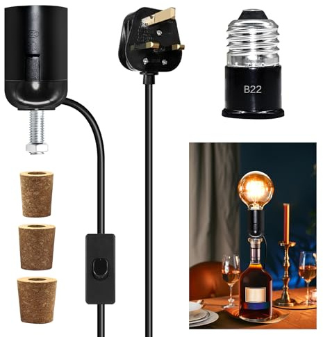 Bottle Lamp Kits, E27 Black Bottle Lamp Adaptor Kit, 7.87Ft Lamp Kits for Do It Yourself Wine Bottle Table Lamp, DIY Lamp Kit for Home, 3 Types Bung for Various Bottle, Easily Convert Bottle to Lamp