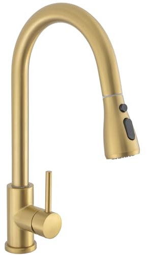 VALAZ Wasserhahn Küche Ausziehbar Gold Gebürstet | Küchenarmaturen | Wasserhahn Sprudelwasser, Wassersparend, Schnellmontage, 360 Grad Drehbar | Einfache Installation | Edelstahl, Eco Parana-Serie