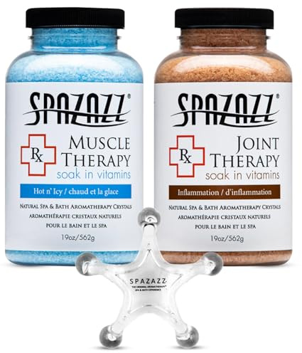 Spazazz Hot Tub Aromatherapy Spa and Bath Salts Crystals 2 Pack Bundle- One 19 Oz Jar Each Spazazz Muscle Therapy and Joint Therapy Plus a 5 Point Massager- Safe for All Spa and Hot Tub