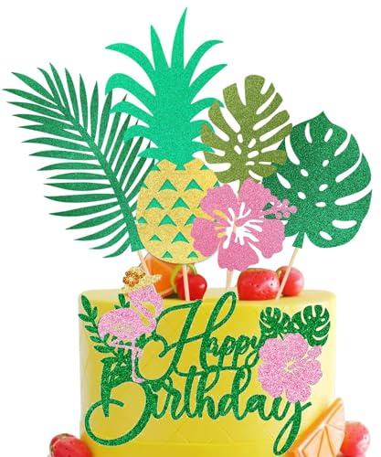 Tropen Pflanze Tortendekoration, Aloha Flamingo Ananas Happy Birthday Cake Topper Geburtstag für Hawaii Dekoration Tropical Luau Sommer Strand Party Kuchen Dekoration Geburtstagskuchen Dekoration