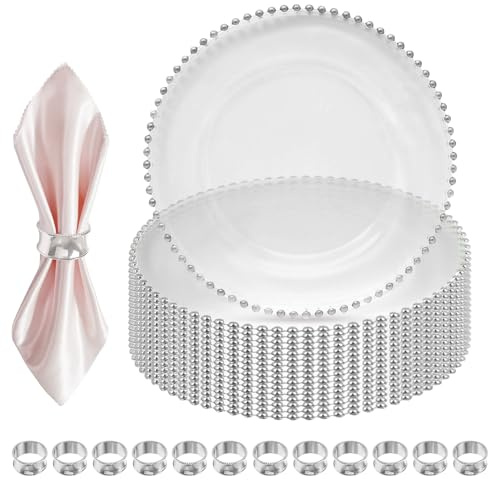 Glass Charger Plate Sliver Beads n Hammered Napkin Ring, Sliver, 12pcs | Perfect for Weddings, Parties, and Home Dining, Decorative and Affordable Clear Charger Plates for Event Table Decor
