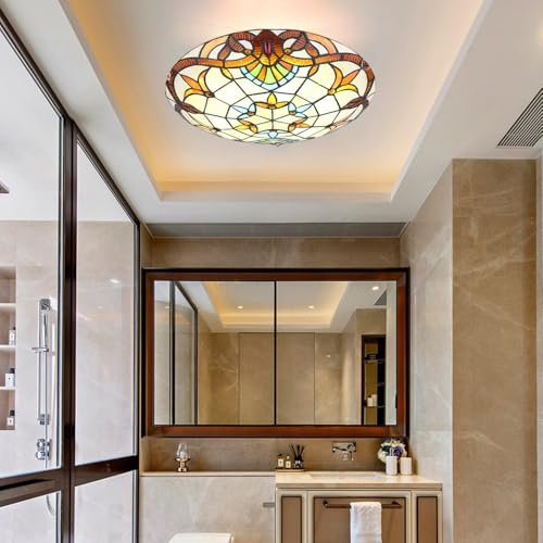 Chao Zan Tiffany Style Ceiling Light, Victorian Stained Glass, Semi-Flush Mount, Floral Design, Multicoloured,E27 Bulb,Bedroom/Dining Room/Entryway/Living Room/Kitchen (D:40CM)