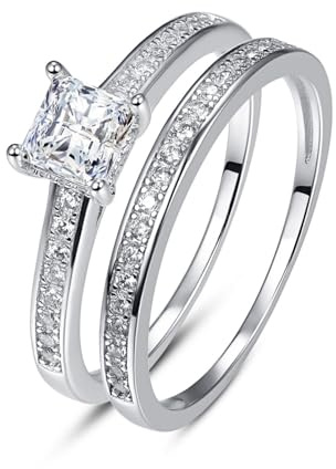 Bonlavie Wedding Ring Set for Women Princess Cut Cubic Zirconia Engagement Rings Set 1.35ct White CZ Silver Wedding Bands for Her Jewelry Gift Size K 1/2