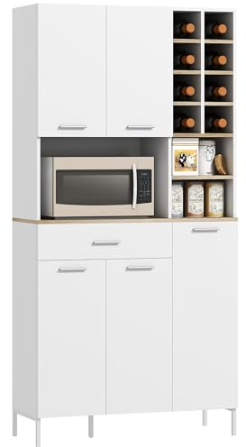 HOMCOM Küchenschrank Buffetschrank mit Arbeitsplatte, 5 Türen, Weinregal, Schublade, Hochschrank mit Verstellbaren Einlegeböden, Kabelloch, Moderner Vorratsschrank, Weiß, 90 x 35 x 183 cm