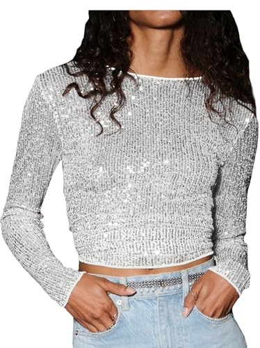 Yoisdtxc Women Slive Sequin Top Long Sleeve Crop Shirt Casual Pullover Sparkly Club Night Out Aesthetic Clothes (A-Silver, M)