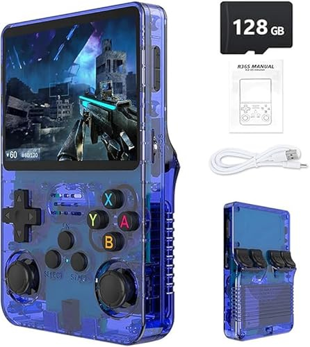 Consola Retro portátil R36S: más de 21.000 Juegos clásicos, Pantalla IPS de 3,5, 64 GB/128 GB de Almacenamiento, Compatible con Linux (Azul - 128 GB)