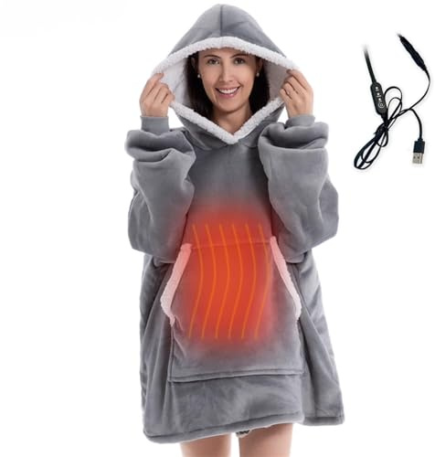 USB-värmefilt med huva med 3 värmenivåer, fluffig och varm fleece för vuxna (grå, kontroll med kabel)