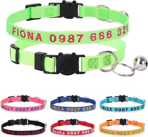 Personalisierter Katzenhalsband mit besticktem Namen, Grasgrün | Individuell bestickter Name & Telefonnummer; Ablös‑Sicherheitsschnalle, verstellbares Nylon‑Halsband für Katzen & Kätzchen