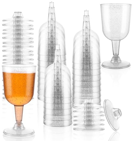 APACALI 100 copas de vino de plástico con purpurina plateada, 160 ml, copas de vino de plástico para fiestas con tallo, copas de vino transparentes para bodas, cumpleaños, Navidad, picnics