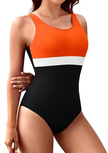 Vijamiy Costume Intero Donna Sportivo Push Up Swimsuit Costume da Bagno con Scollo Posteriore Resistente alCloro e ai Colori Piscina Spiaggia(Arancione,L)