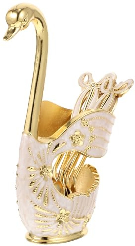 GALPADA Cuillères à Dessert et Cuillères à Café en Alliage Doré, Porte-cuillère Cygne Décoratif, Usage la Cuisine et Dessert, Lot Support Pratique et Élégant