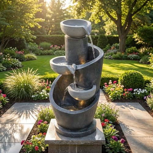 Merax Fontana da giardino, con LED e pompa dell'acqua, fontana da interni, con effetto pietra artificiale e bacino decorativo, fontana decorativa per giardino, terrazza, balcone, moderna fontana per