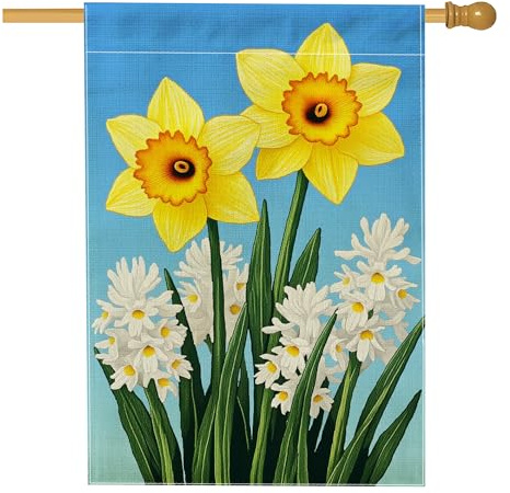 Bandiera per casa con narciso, giacinto floreale primaverile foglie verdi giallo primavera su entrambi i lati in iuta decorativa per esterni, patio, cortile, prato, ingresso, balcone, 71 x 101 cm