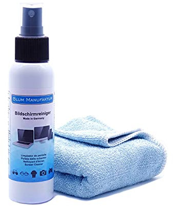 Blum Manufaktur Display-Reiniger - Bildschirm-Reinigung - PC-Reiniger inkl. Mikrofasertuch 30 x 30 cm - Screen Cleaner - Made in Germany - 250 ml