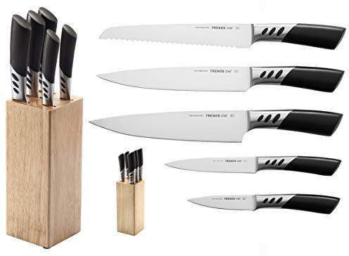 TRENDS Kitchen Knife Set Home, 5 Pc Knives, Plus Block. Double Forged from Professional German Steel Makes These Ultra Sharp Ergonomic Set of Kitchen Knives.