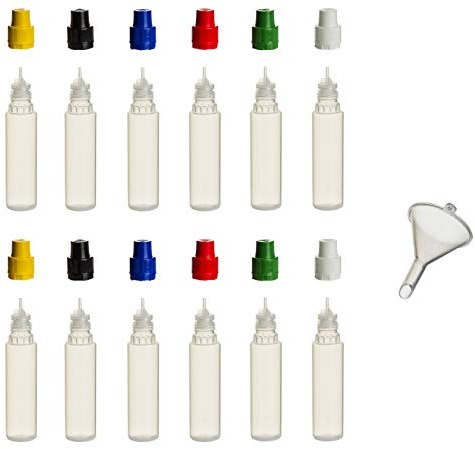 VanAnderen 12 Stück 15 ml PP-Leer-Flaschen mit Spritzeinsatz - farbige Deckel 1x Füll Trichter Kunststoffflasche Tropfer