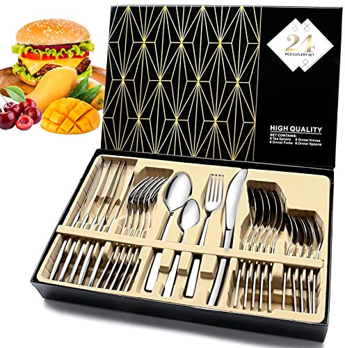 Besteckset, 24-tlg Edelstahl Silber Besteck Set Serviceset für 6 Personen, Bestecksets mit Dinner Messer, Gabel, Löffel, Teelöffel für Haus/Küche/Restaurant, Geschirrspüler(Empfohlene Handwäsche)