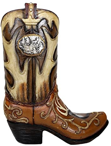 Ebros Rustic Western Floral Scroll Art Deer Antlers and Stag Bust Cowboy Cowgirl Boot Decorative Figurine Or Floral Vase Planter Tooled Leather Finish Table Shelf Countertop Accent