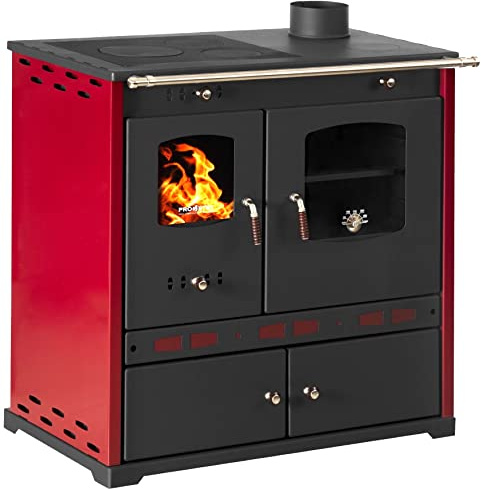 EEK A+ Kaminofen mit Backfach und Herdplatte Perfect Eco Lux Rot Rechts Holzofen 7 kW Kamin Ofen Holz Werkstattofen Hüttenofen Heizofen Gartenofen