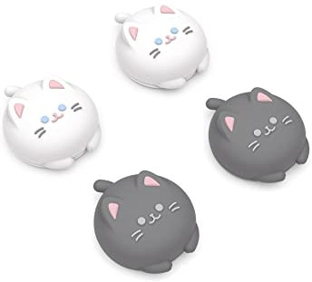 PlayVital Agarres para el Pulgar para ps5 Thumbstick Grip Caps para ps4 Mando Tapas de Agarre para Xbox Series X/S Tapas de Joystick para Switch Pro Control(Linda Gatita-Blanco+Gris)