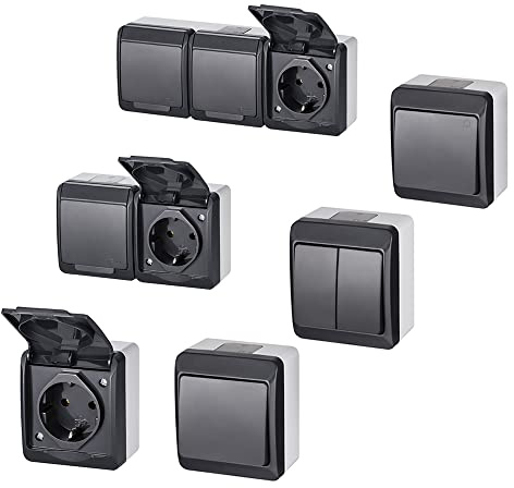 asvendo elektro Aufputz Lichtschalter, Wechselschalter, IP44, wassergeschützt, Außenbereich, Feuchtraum, anthrazit, grau