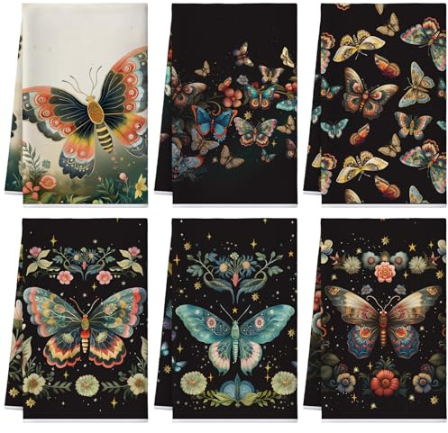 Bencailor 6 Pcs Retro Kitchen Towels 15.7 x 23.6 Inch Farmhouse Vintage Hand Towels Decorative Absorbent Dish Cloth for Bathroom Decor for Cooking Baking Cleaning(Colorful,Butterfly)