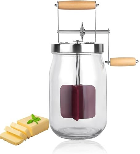 Batidora de Mantequilla con manivela Manual de 1,5 l, tarros de masón for Hacer Mantequilla Manual, batidora de Alimentos de Vidrio+Silicona, batidora de Mano for el hogar, Cocina, Hornear