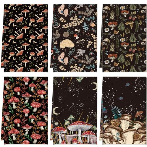Zubebe 6 Pcs Mushroom Kitchen Towel Set - Vintage Black Dish Towels 18 x 28 Inch - Poster Style Hand Towels - Colorful Rustic Tea Towels for Cooking Baking - Housewarming Gift