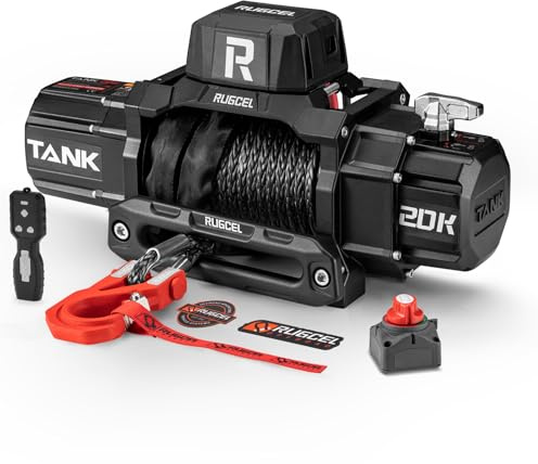 RUGCEL WINCH 20000lb 12V DC Heavy Duty Electric Winch, Waterproof Synthetic Black Rope with Hawse Fairlead, 2 in 1 Infrared Remote Control, Off-road Recovery Winch for Truck SUV 4x4