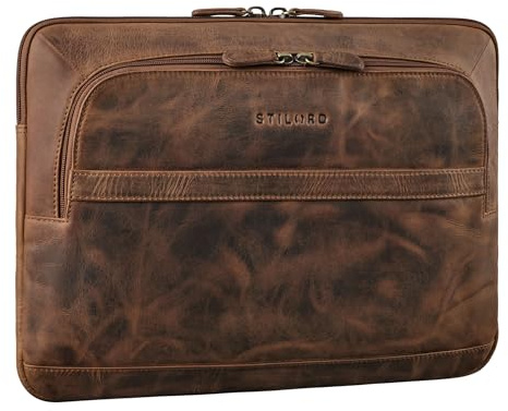 STILORD Haven 2-in-1 Laptop Hülle 14 Zoll Leder Vintage Laptoptasche MacBook Sleeve und Platz für 12,7 Zoll Tablet Tasche Echtleder Schutzhülle Farbe:mittel - braun