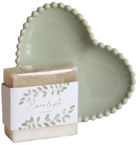 PuntoCasaStore Juego de platillos con corazón verde + jabón EUCALIPTO CLARALUNA 2024 para regalo de boda o aniversario de promesa