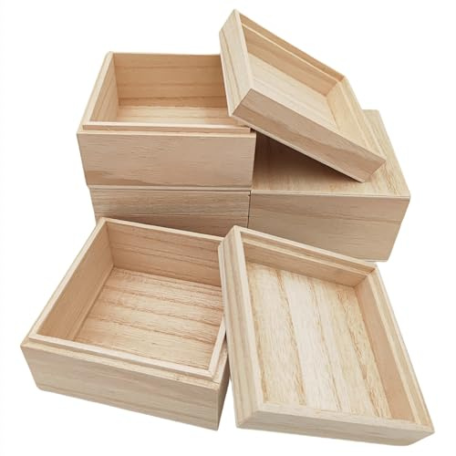 Anktily Set mit 4 quadratischen Holz-Souvenirboxen, 10 x 10 x 6 cm, rustikale Aufbewahrung für Handarbeiten