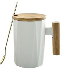 LINDACA 12oz White/Black Office Ceramic Coffee Mug with Lid and Spoon/ 340ML Office Daily Tea Cup with Handle(White)