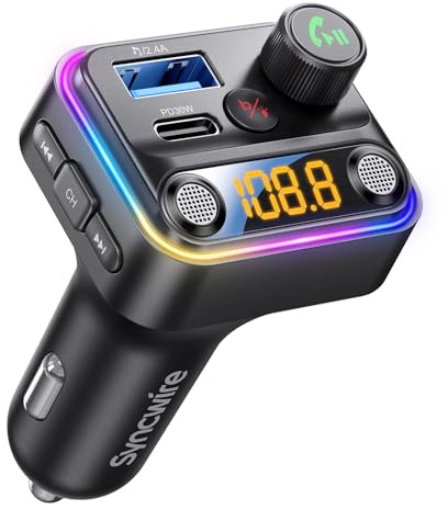 Syncwire Bluetooth 5.4 FM Transmitter Car Adapter 42W [Light Switch] [Stronger Dual-mic] [HiFi Bass Sound] [Fast Charging] Wireless FM Radio Stereo Music Adapter Hands-Free Calling Support USB Drive